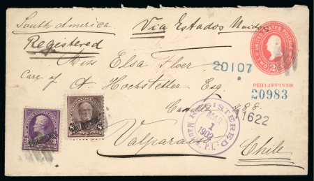 Stamp of United States » U.S. Possessions » Philippines » U.S. Administration - Regular Issues Uprated 2c pre-stamped envelope (Scott U8) from Manila via U.S.A. to Valparaiso, Chile