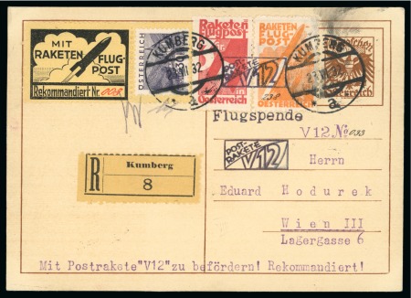 Stamp of Austria » 1st. Republic 1932 Austria Schmiedl Rocket mail V12 registered postcard