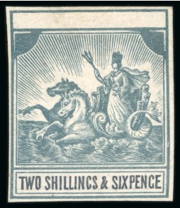 Stamp of Barbados 1892 Barbados 2sh6d and 1sh 'Seal of Colonies' partly handpainted colour trial prints, mint * 