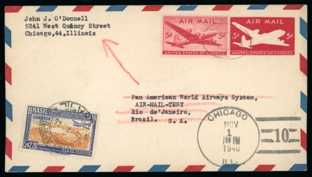Stamp of Brazil 1946 BRAZIL combination cover: USA to Rio & return with Brazil 2.20cr to Chicago