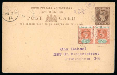 Stamp of Seychelles » Postal Stationery 1913 SEYCHELLES Postal stationery card 8c + additional franking KG V 2c pair