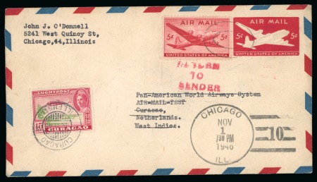Stamp of Netherlands » Netherlands Colonies » Curacao » Incoming Mail 1946 CURACAO Airmail postal stationery envelope USA 5c + 5c additional fkg from Chicago to Curacao and return franking 15c Airs Curacao