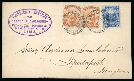 Stamp of Peru 1896 PERU Cover franked Lama 10c orange (2) + 2c coat of arms Lima ---> Hungary