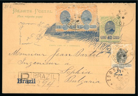 Stamp of Brazil BRAZIL 1896 postal stationery card 40R + addit. values to scarce destination of BULGARIA