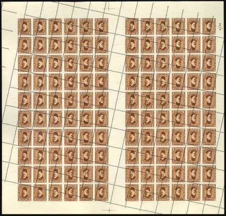 Stamp of Egypt » 1922-1936 King Fouad I Definitives » Issued Stamps 1927-37 Second Portrait Issue: 120m. booklet: 5m dark red-brown, complete mint nh sheet of 120 printed for booklets with control A/29 showing Royal misperforations