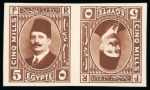 Stamp of Egypt » Booklets » King Fouad - The Second Portrait Issue (Nile Post SB10-SB11) 210m. booklet: 5m red-brown, horizontal tête-bêche pair, imperforate showing Royal "cancelled" on reverse
