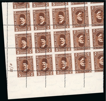Stamp of Egypt » 1922-1936 King Fouad I Definitives » Issued Stamps 5m, 10m and 15m tête-bêche corner sheet marginal control blocks of fifteen showing Royal misperforations
