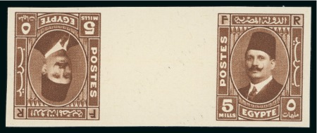Stamp of Egypt » Booklets » King Fouad - The "Postes" Portrait Issue (Nile Post SB12) 120m. booklet: 5m deep red-brown, horizontal tête-bêche gutter pair, imperforate showing Royal "cancelled" on reverse