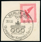 Stamp of Olympics » 1930 Berlin Congress 1930 Berlin Congress cancellation, three examples tying stamps to pieces