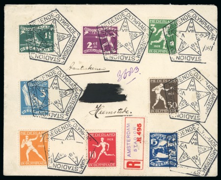 Stamp of Olympics » 1928 Amsterdam » Issued Stamps, Covers and Cancellations 1928 (Aug 7) Envelope sent registered with complete Olympics set of eight tied by the Olympic pentagonal "N2" ds
