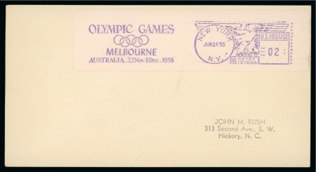 Stamp of Olympics » 1956 Melbourne 1955 (Jun 24) Card with violet "OLYMPIC GAMES/ (Olympic Rings) / MELBOURNE / AUSTRALIA 22 Nov-8 Dec. 1956" slogan New York 2c machine frank