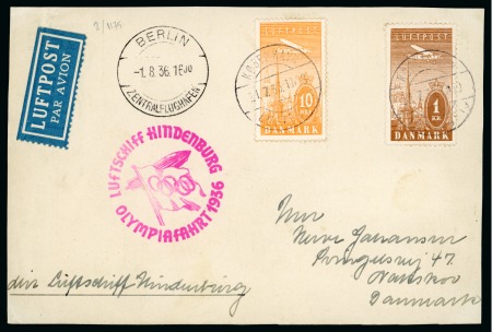 Stamp of Olympics » 1936 Berlin » 1936 Hindenburg Olympic Flight Denmark: 1936 Zeppelin Olympic Flight card with Denmark 1kr & 10ö franking