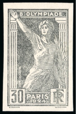 Stamp of Olympics » 1924 Paris » Essays and Proofs 1924 Paris Olympics plate proof of the essay of the 30c value showing an athlete doing the Olympic salute