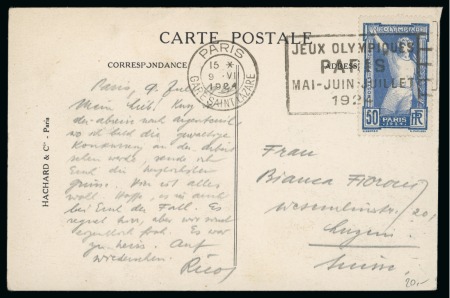 Stamp of Olympics » 1924 Paris » Covers and Cancellations 1924 (Jul 9 & 11) Pair of postcards showing the two Olympic poster designs, both with Olympic frankings and cancels