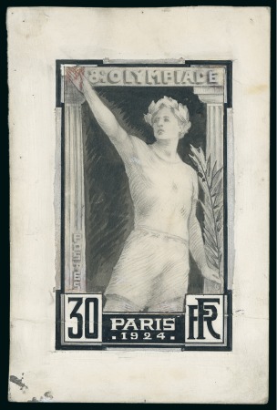 Stamp of Olympics » 1924 Paris » Essays and Proofs 1924 Paris Olympics essay of the 30c value showing an athlete doing the Olympic salute on thick card