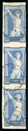 Stamp of Olympics » 1924 Paris » Issued Stamps and Varieties 1924 Paris Olympics 50c imperforate vertical strip of three, used with indistinct Epinal 1924 cancels