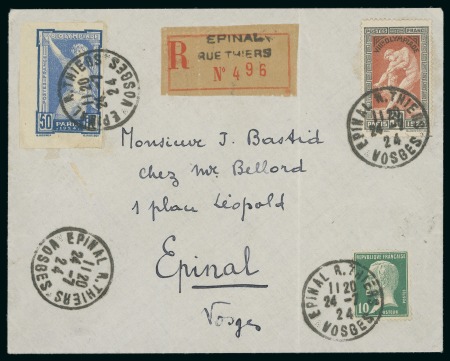 Stamp of Olympics » 1924 Paris » Issued Stamps and Varieties 1924 Olympic 50c IMPERFORATE tied to cover by EPINAL R.THIERS Jul 24th cds along with 30c Olympic and 10c Pasteur