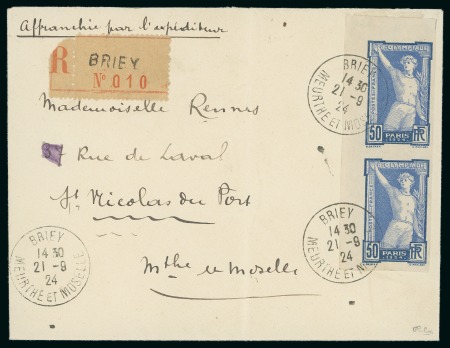 Stamp of Olympics » 1924 Paris » Issued Stamps and Varieties 1924 Olympic 50c IMPERFORATE vertical pair tied to cover by BRIEY / MEURTHE ET MOSE Sep 21st 1924 cds
