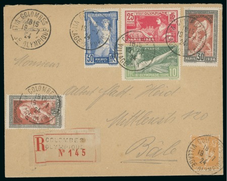 Stamp of Olympics » 1924 Paris » Covers and Cancellations 1924 (Ju 19) Envelope sent registered with Olympic franking all tied by "COLOMBES / VILLAGE OLYMPIQUE" cds with rare "COLOMBES / OLYMPIQUES" registration label below