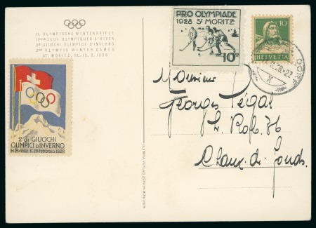 Stamp of Olympics » 1928 St. Moritz FIRST DAY OF THE GAMES: 1928 (Feb 11) Official illustrated Olympic postcard with 10c tied by Moritz Dorf cds