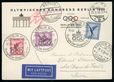 Stamp of Olympics » 1930 Berlin Congress 1930 (May 29) Berlin Congress printed card sent to Switzerland with 10pf, 15pf and 20pf tied by the Olympic Congress special cancellations