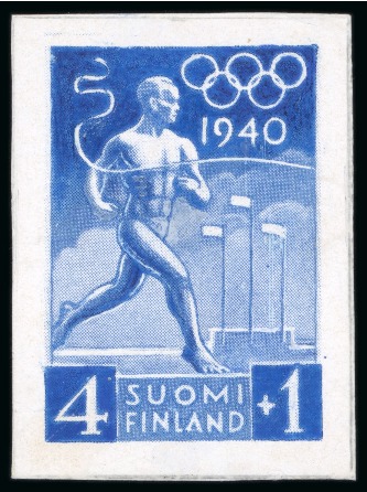 Stamp of Olympics » 1940 Helsinki (Cancelled) 1940 Helsinki essay by Hammarsten-Jansson, stamp-size in blue with hand-painted and etched changes to the design