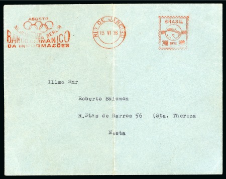 Stamp of Olympics » 1936 Berlin » Special Postmarks Brazil: 1936 (June 15) “AGOSTO / XI OLYMPIADA BERLIM / BANCO GERMANICO / DA INFORMACOES" 200R slogan machine frank