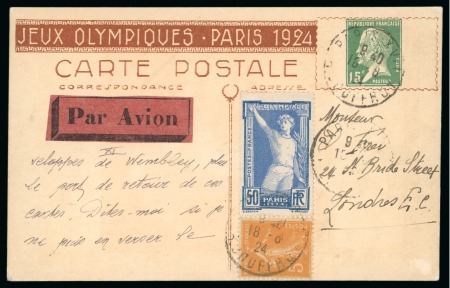 Stamp of Olympics » 1924 Paris » Postcards Blanche: Javelin 15c postal stationery card uprated with Olympic 50c and Semeuse 5c tied by Paris 18.08.24 cds