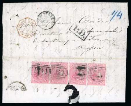 Stamp of Seychelles » Mauritius Used in Seychelles 1870 (Oct 26) Entire from the CORDIER correspondence in France franked Mauritius 1863-72 4d rose horizontal strip of 4 