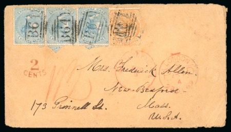 Stamp of Seychelles » Mauritius Used in Seychelles 1869 (Oct. 23) Envelope addressed to New Bedford, USA,