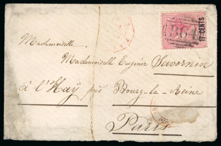 Stamp of Seychelles » Mauritius Used in Seychelles 1880 (Apr 27) Envelope to Paris franked Mauritius 17c on 4d rose cancelled 'B64'
