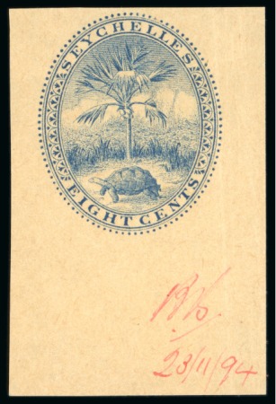 Stamp of Seychelles » Postal Stationery 1894 8c Envelope stamp DIE PROOF in blue on buff paper,