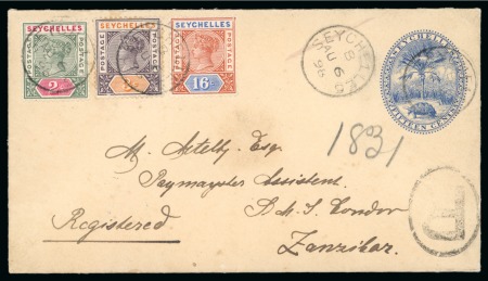 Stamp of Seychelles » Postal Stationery 1898 (Aug 6) 15c Blue stationery envelope registered to Zanzibar