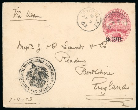 Stamp of Seychelles » Postal Stationery 1903 Apr 17 6c on 8c Stationery envelope to England endorsed 'Via Aden'
