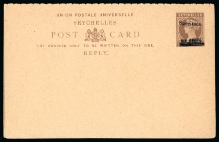 Stamp of Seychelles » Postal Stationery 1902 Revalued 6c Reply card ovpt. SPECIMEN with SURCHARGE DOUBLE on reply half only