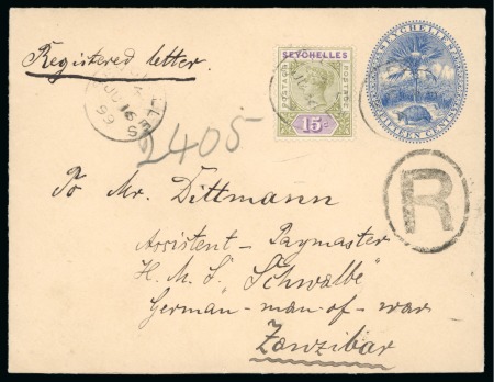 Stamp of Seychelles » Postal Stationery 1899 (Jul 16) 15c Blue stationery envelope registered to Zanzibar