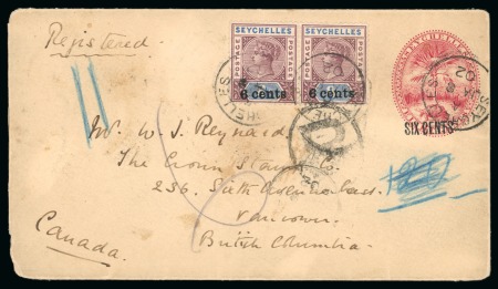 Stamp of Seychelles » Postal Stationery 1902 Jan 8 SIX CENTS surch. on 15c red stationery envelope