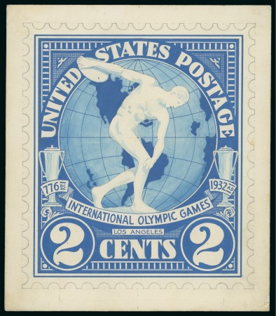 Stamp of Olympics » 1932 Los Angeles 1932 Los Angeles 2c handpainted essay, 15x17.5cm, in blue and white with pencilled perforations
