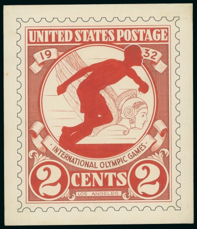 Stamp of Olympics » 1932 Los Angeles 1932 Los Angeles 2c handpainted essay on thick card, 15x17.5cm, in red and white with inked perforations