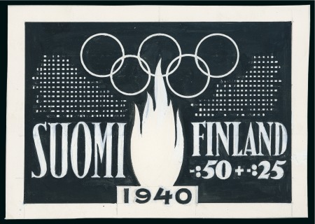 Stamp of Olympics » 1940 Helsinki (Cancelled) 1940 Helsinki essay by Karajainen, group with enlarged essay in black ink and China white