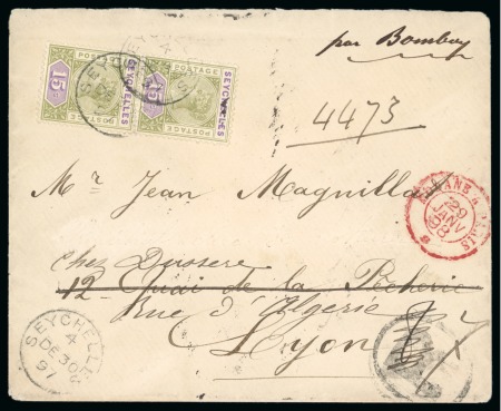 Stamp of Seychelles » Regular Issues 1897 (Dec 30) Commercial registered envelope to France franked 1893 15c vertical pair