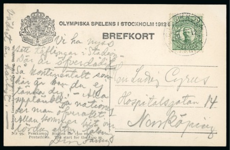 Stamp of Olympics » 1912 Stockholm » LBR. / STADION Cancels 12th DAY: 1912 (Jul 10) "STOCKHOLM / LBR. / STADION" special cds tying 5ö to official Olympic picture postcard