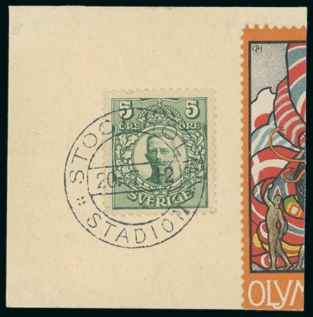 Stamp of Olympics » 1912 Stockholm » STADION Cancels 20th DAY: 1912 (Jul 20) "STOCKHOLM / STADION" special cds tying 5ö to small piece