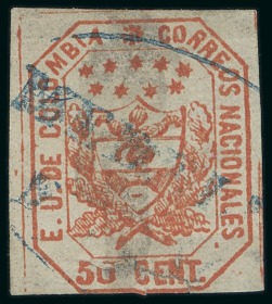 Stamp of Colombia 1862 50c red error of transfer, instead of 20c, type II, used