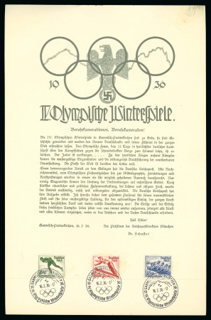 Stamp of Olympics » 1936 Garmisch-Partenkirchen 1936 Garmisch-Partenkirchen printed notice on carton paper with the Winter Olympic set tied by 16.2.36 Olympic cancels