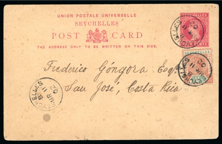 Stamp of Seychelles » Postal Stationery 1890 4c Carmine postcard (H&G 1) uprated 2c paying 6c postcard rate to Costa Rica, plus reply card to Montenegro