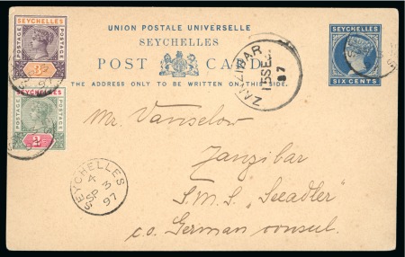 Stamp of Seychelles » Postal Stationery 1897 (Sep 3) 6c blue stationery card addressed to S.M.S. SEADLER c/o German consul stationed in Zanzibar