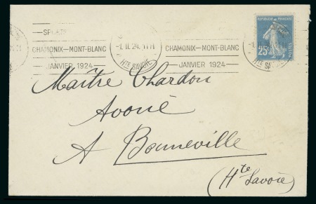 Stamp of Olympics » 1924 Chamonix SEVENTH DAY OF THE GAMES: 1924 (Feb 1) Envelope with "SPORTS d'HIVER / CHAMONIX - MONT-BLANC / JANVIER 1924" special roller cancel tying 25c Semeuse