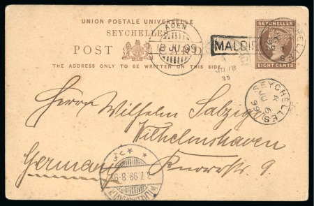 Stamp of Seychelles » Postal Stationery Group incl. 1899 8c brown stat. card to Germany cancelled Seychelles "MALDIRIGE"