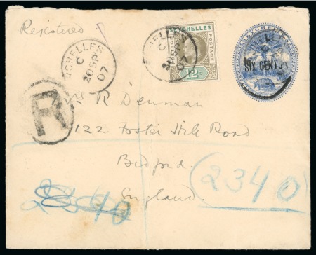 Stamp of Seychelles » Postal Stationery 1907 (Sep 20) 15c Blue stationery env. ovpt. SIX CENTS registered to England, uprated 12c